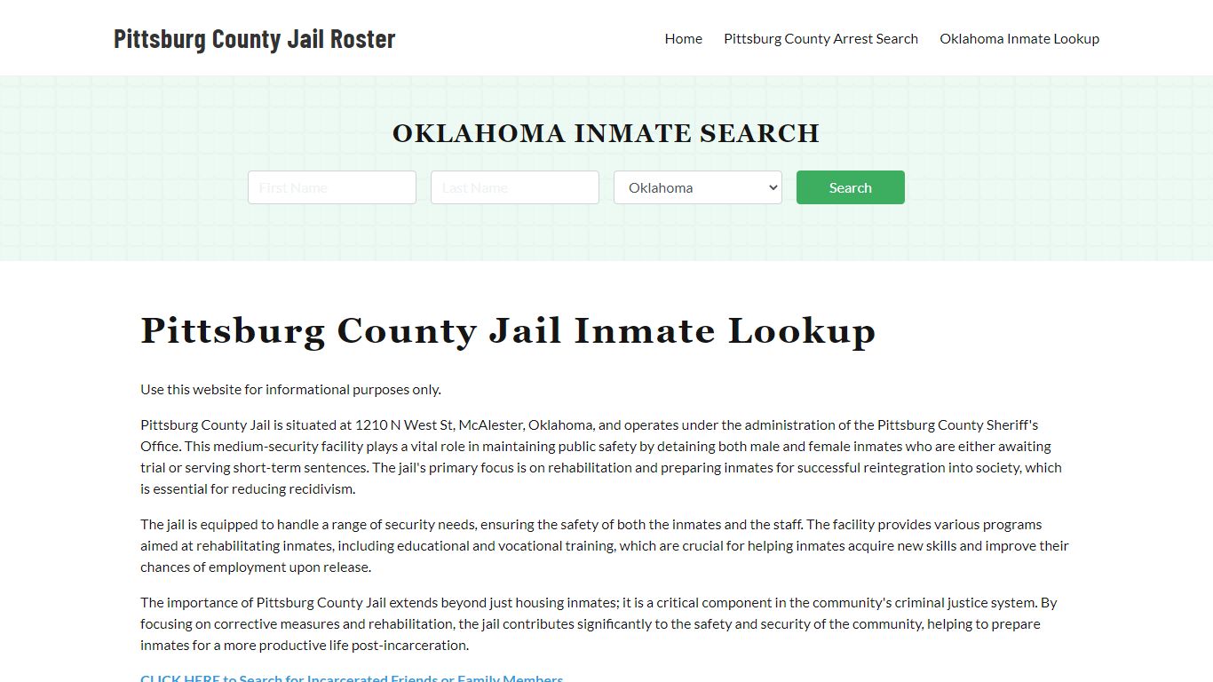 Pittsburg County Jail Roster Lookup, OK, Inmate Search